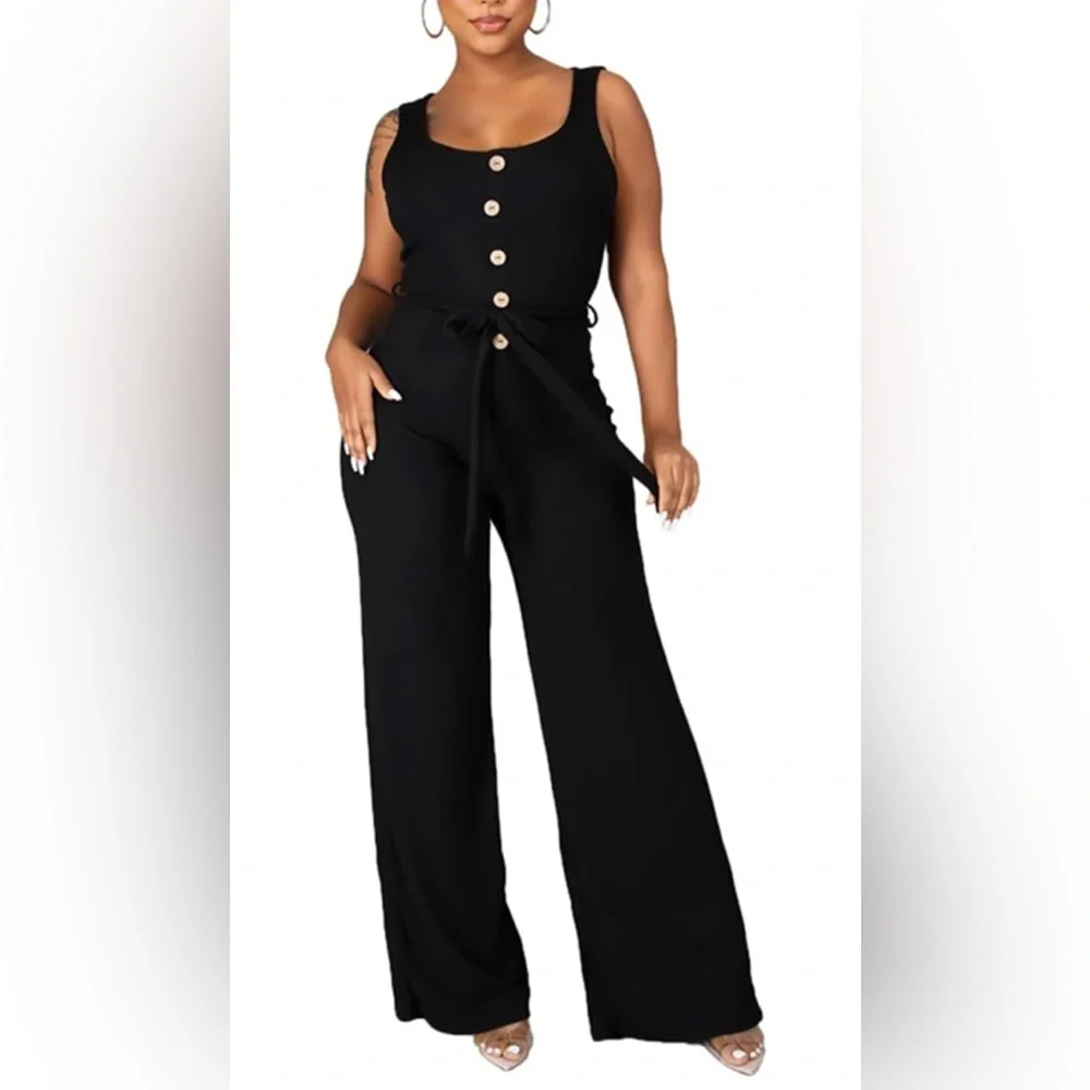 Black Sleeveless Button Front Belted Tie Waist Jumpsuit | Small - Picture 8 of 10